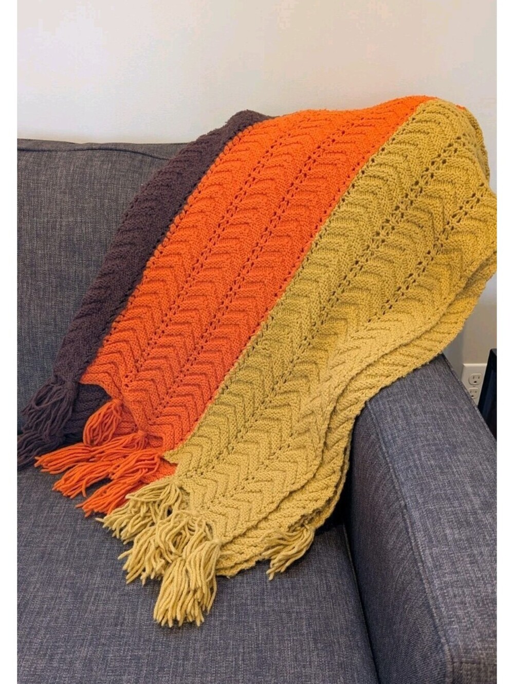 Vintage Crochet Throw Blanket Chevron Pattern Gold, Burnt Orange & Brown Knit